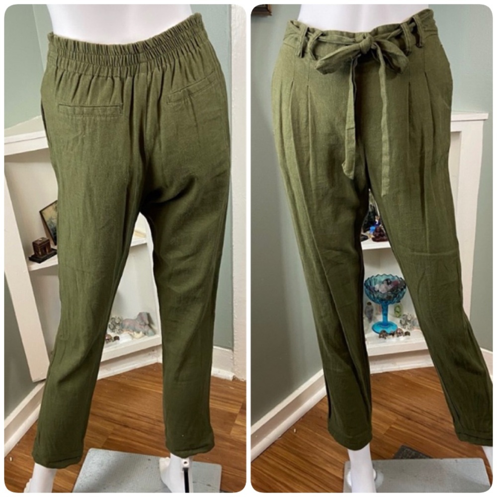 3/$12 Forever 21 Army Green Linen Blend Tie-Waist Cropped Pants Tapered